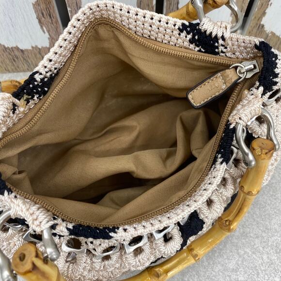 Handmade Crocheted Aluminum Soda Pop Top Bamboo Handles Purse Handbag Tan Black - Picture 9 of 12